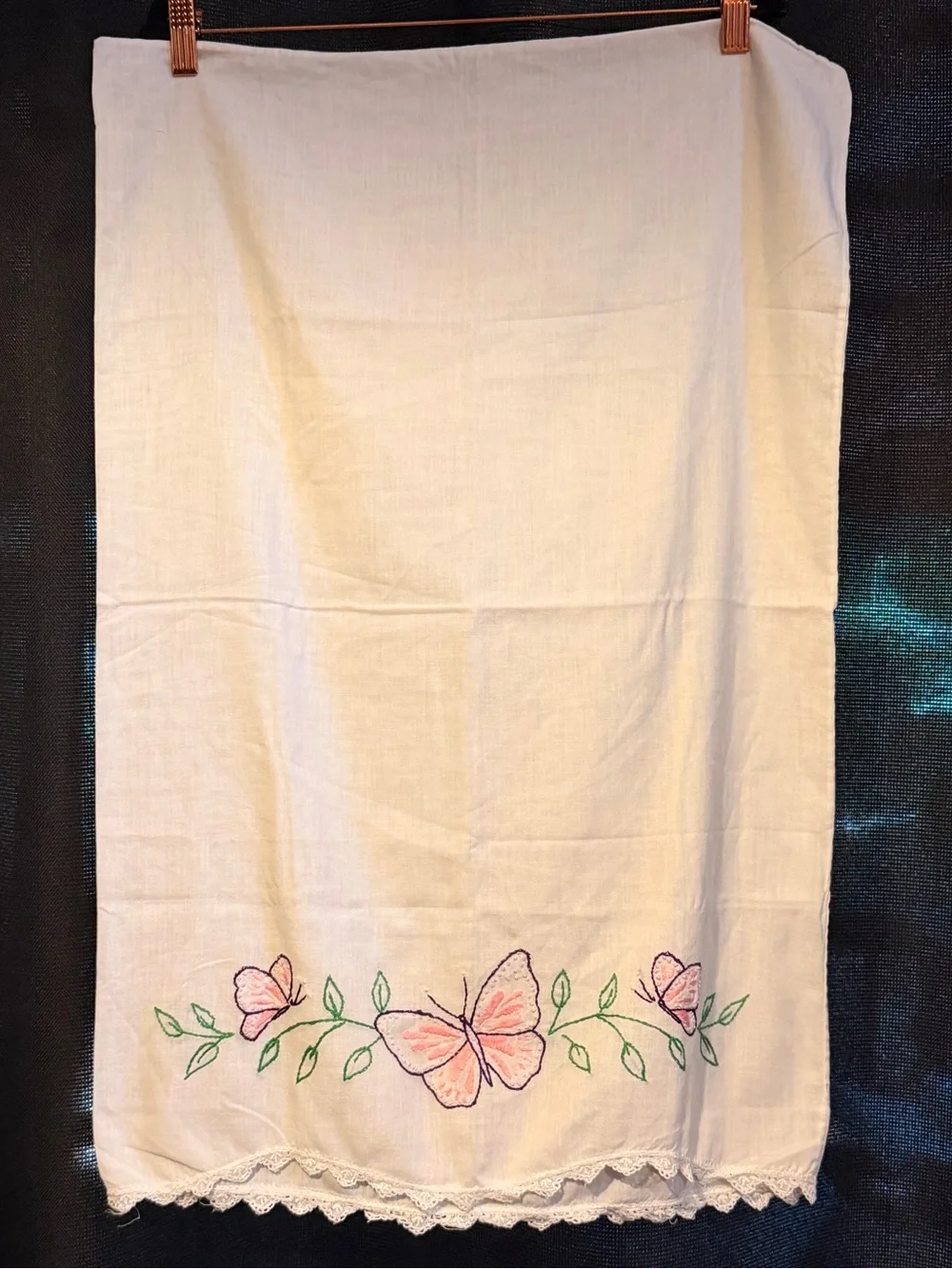 Hand-Embroidered Cream Pillowcase with Pink Floral Detail